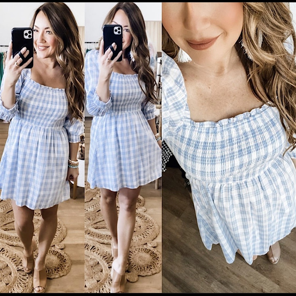 NWT Blue/White Plaid Smocked Top Summer Dress